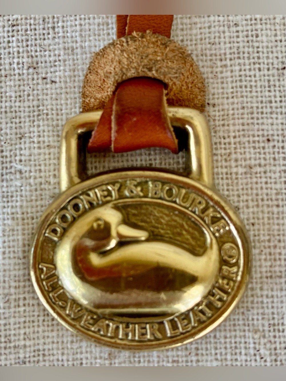 Dooney & Bourke Brass Duck Hang Tab, Brown Leather Strap, Vintage